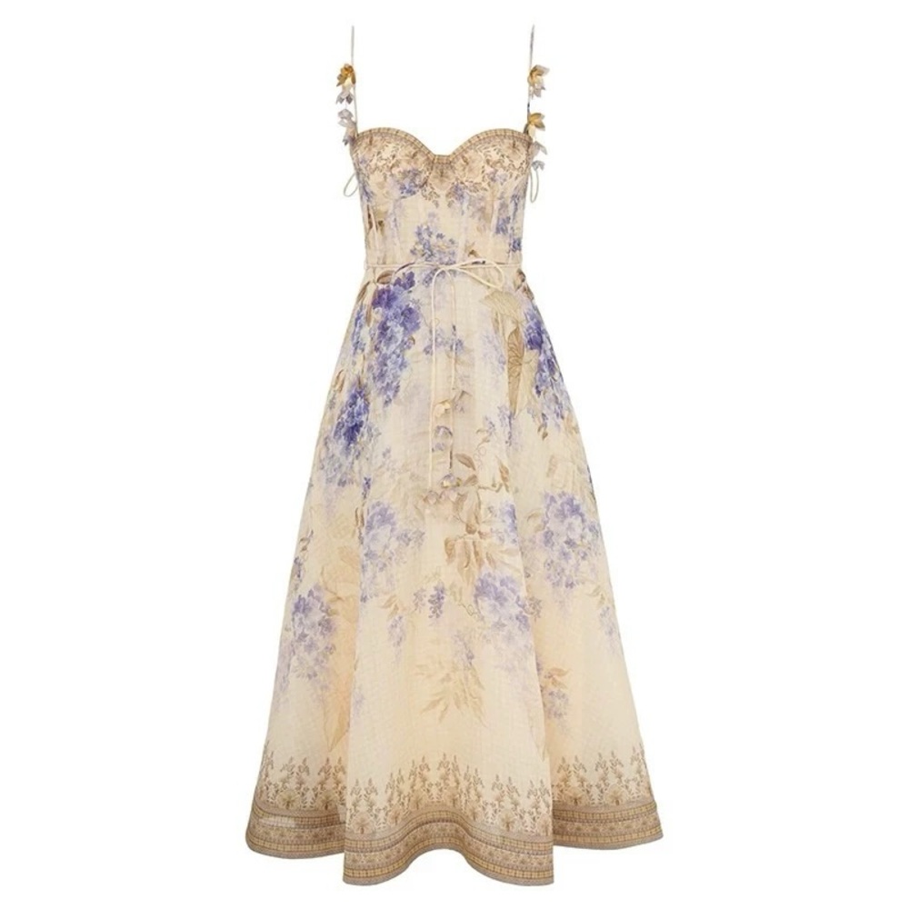 Designer-Style Floral Picnic Blue and Cream Midi Dress with Tie Straps